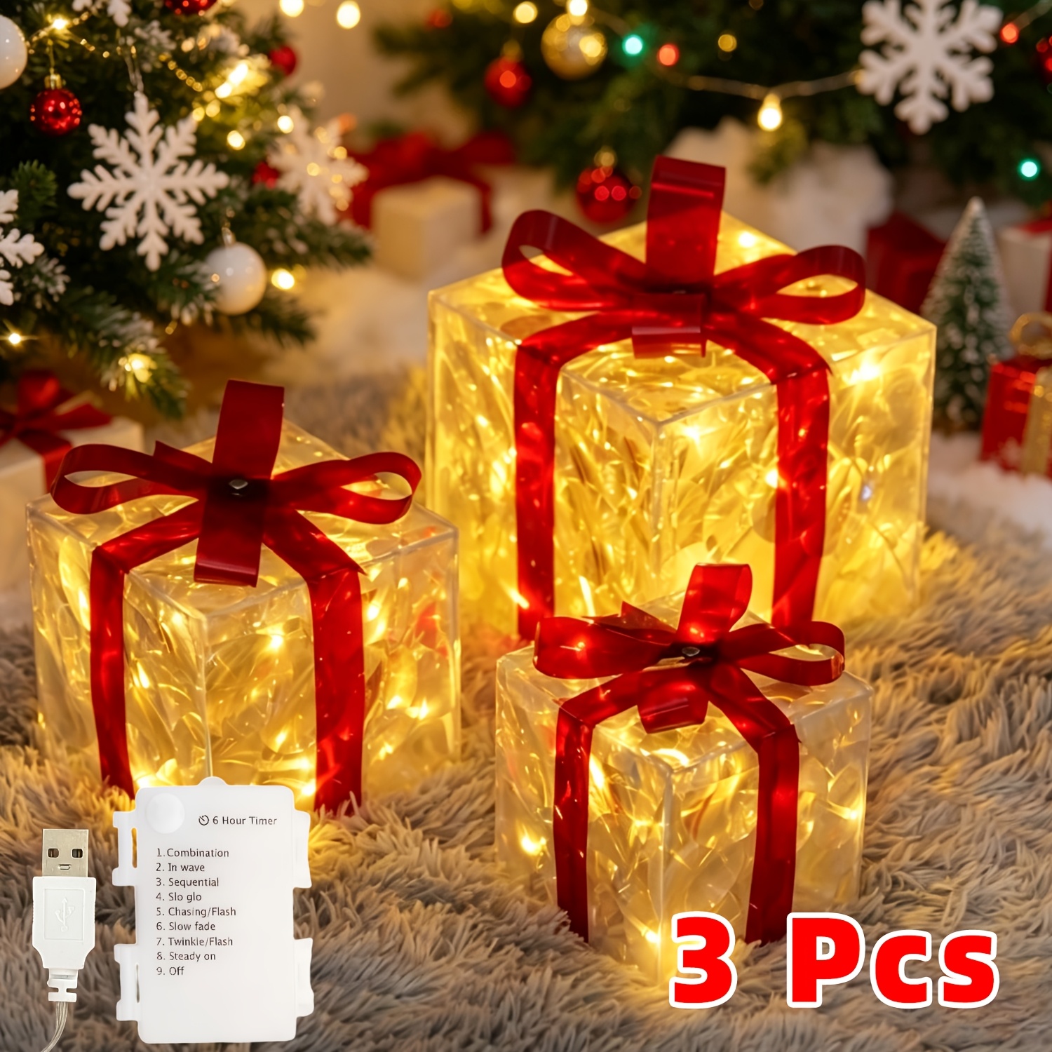 TEMU Set da 3 luci per scatole regalo a luce , decorazioni per gonnellino albero di Natale, alimentazione USB e a batteria, 8 modalit� di luce e