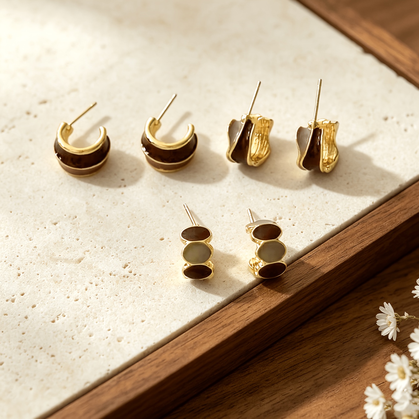 3 Pairs Coffee-Colored Geometric Dripping C-Shaped Earrings