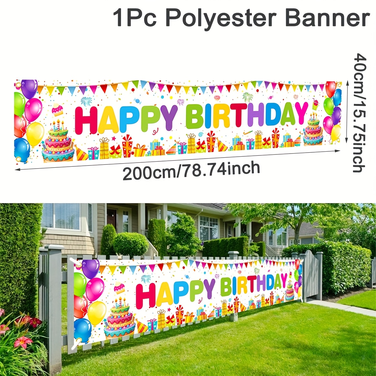 Image of Happy Birthday Banner With Colorful Design, 40 X 200cm Durable Polyester Birthday Yard Banner For Home Indoor/outdoor Decor, Ideal For Garden, Fence, Balcony And Lawn Celebrations