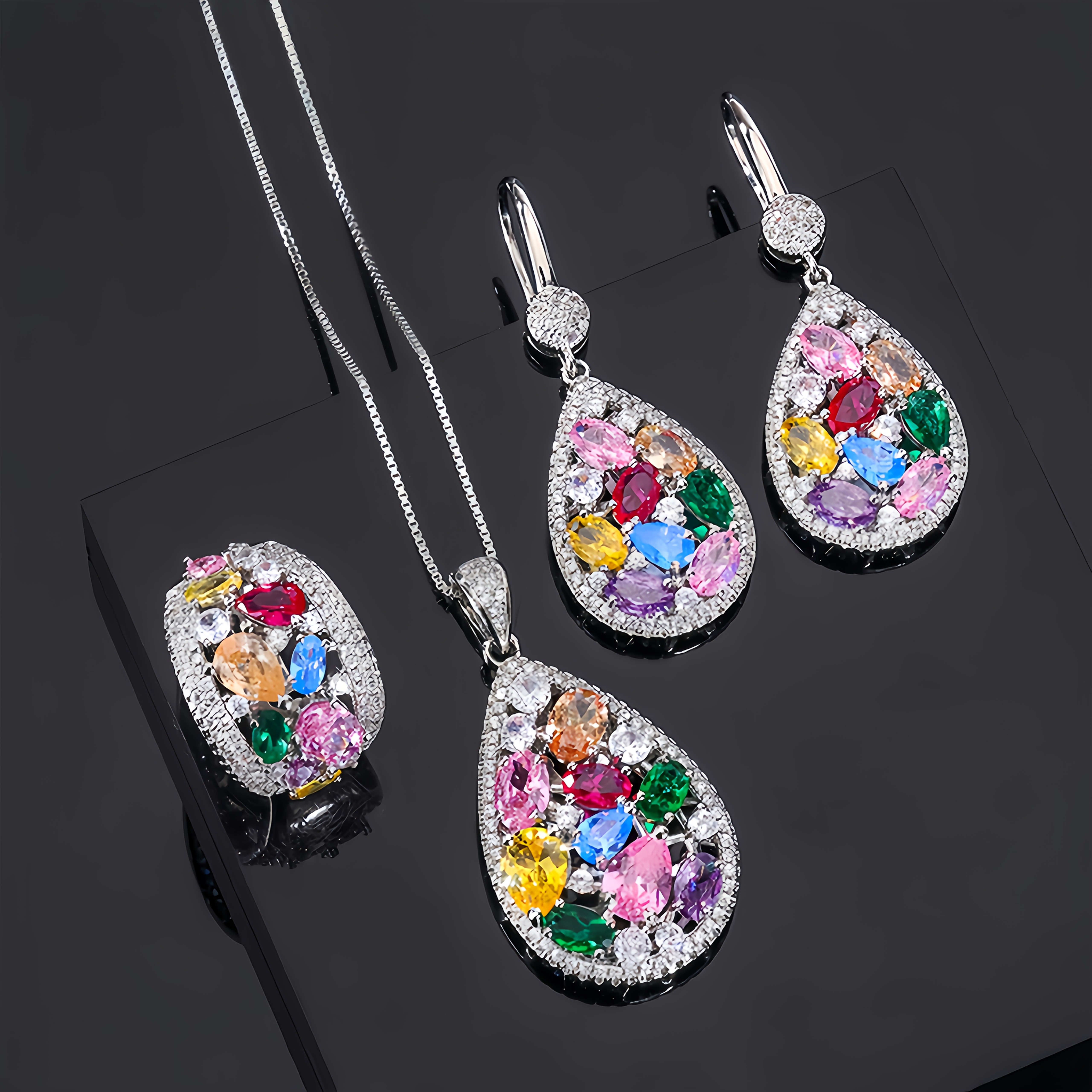 Rainbow Teardrop Pendant Necklace Set