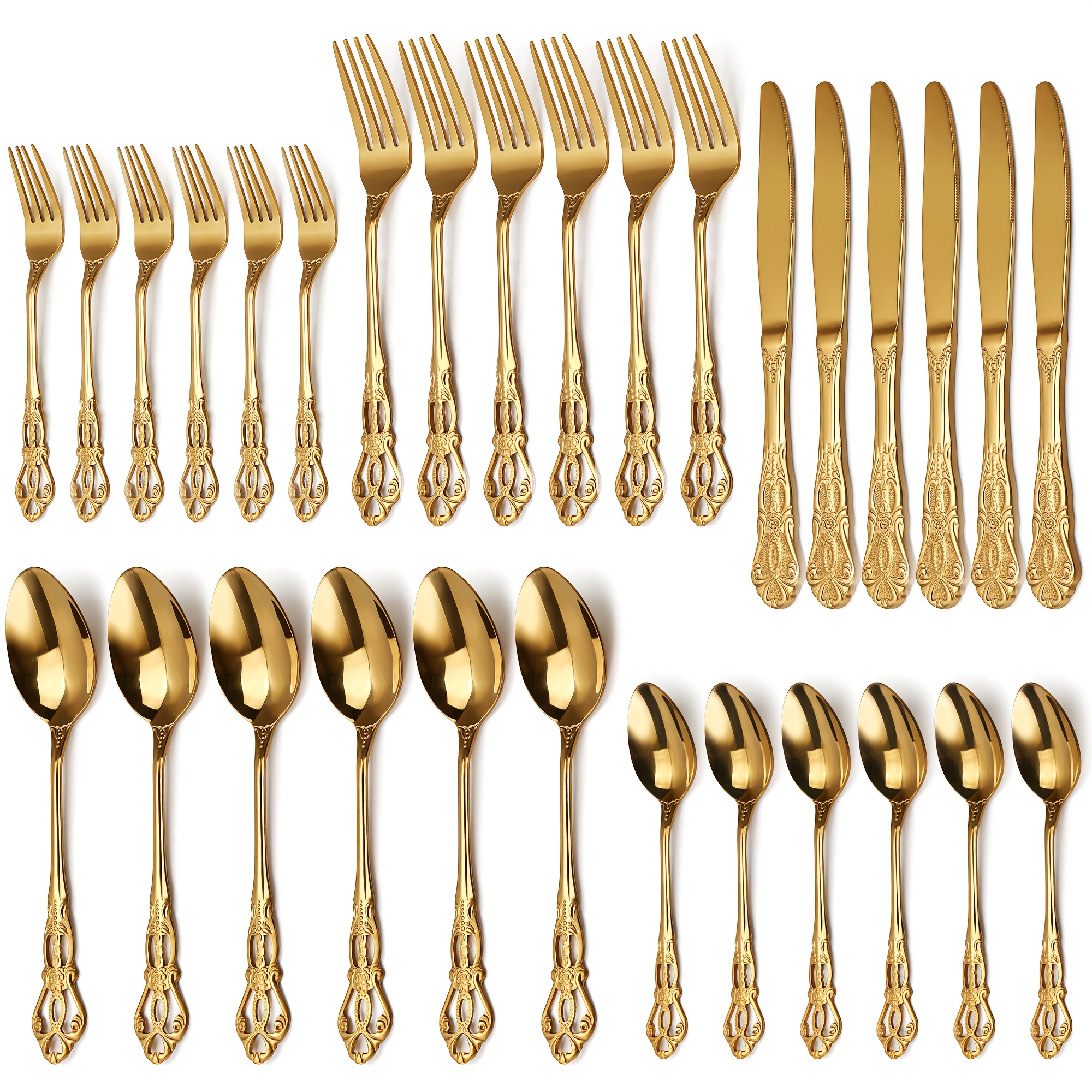 

30pcs Silverware Set For 6, Anti-rust Stainless Steel Flatware With Knife, Fork, And Spoon, Dishwasher Safe, Family Feasts, Golden, Kitchen Must-have, Seletion For Valentines Day Gifts