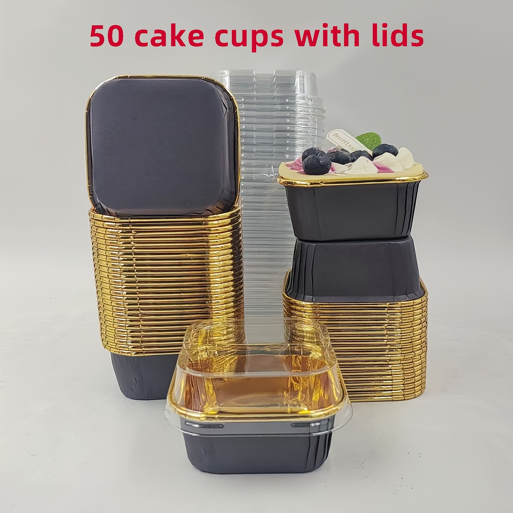 TEMU 50pcs Foil Cupcake Baking Cups, Cupcake Mold Papers, Mousse Cups With Cover For Catering, Cake Cups, Cake Molds, Muffin Cups, Shufulei Cups,