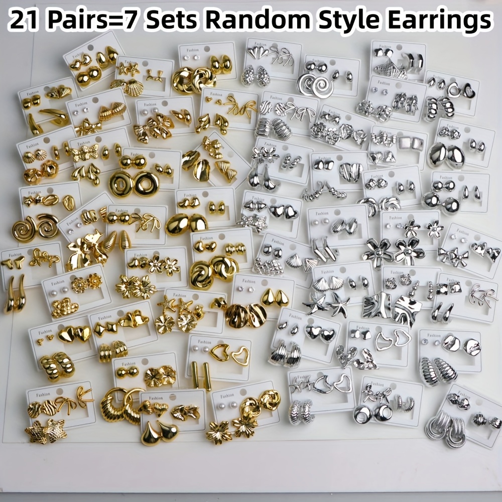 TEMU 21 Paires/Bagues Élégantes et Faciles à pour Femmes, Ensemble de Boucles d'Oreilles à Clous Irrégulières, Bijoux Polyvalents de Mode pour Fêtes