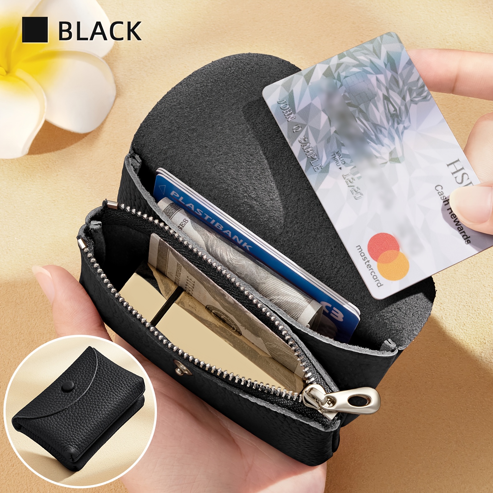 Banyanu Women's Genuine Leather Mini Cardholder With Zippered Pocket For Cards, , And Documents