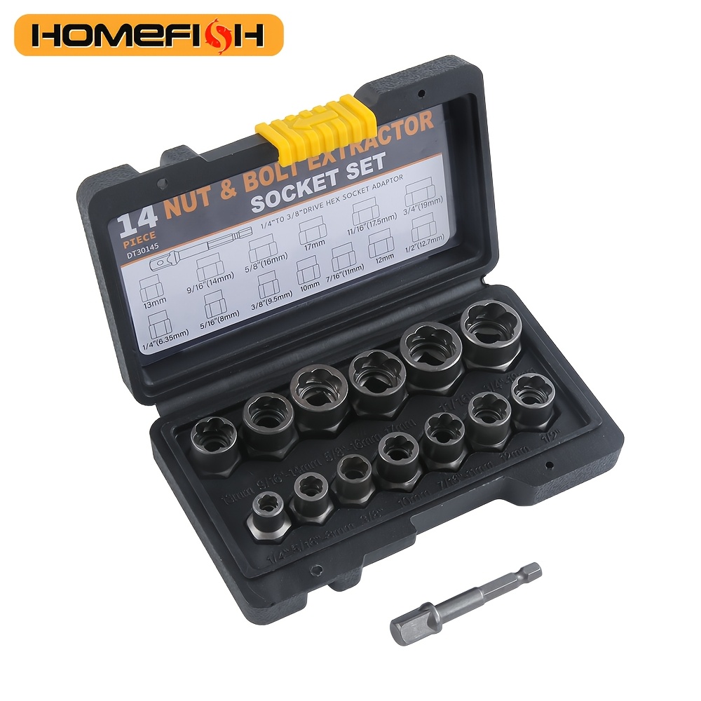 TEMU HOMEFISH 14pcs Extracteur de boulons et écrous à percussion, ensemble d'outils d'extraction de boulons Cr-Mo avec mallette de rangement solide
