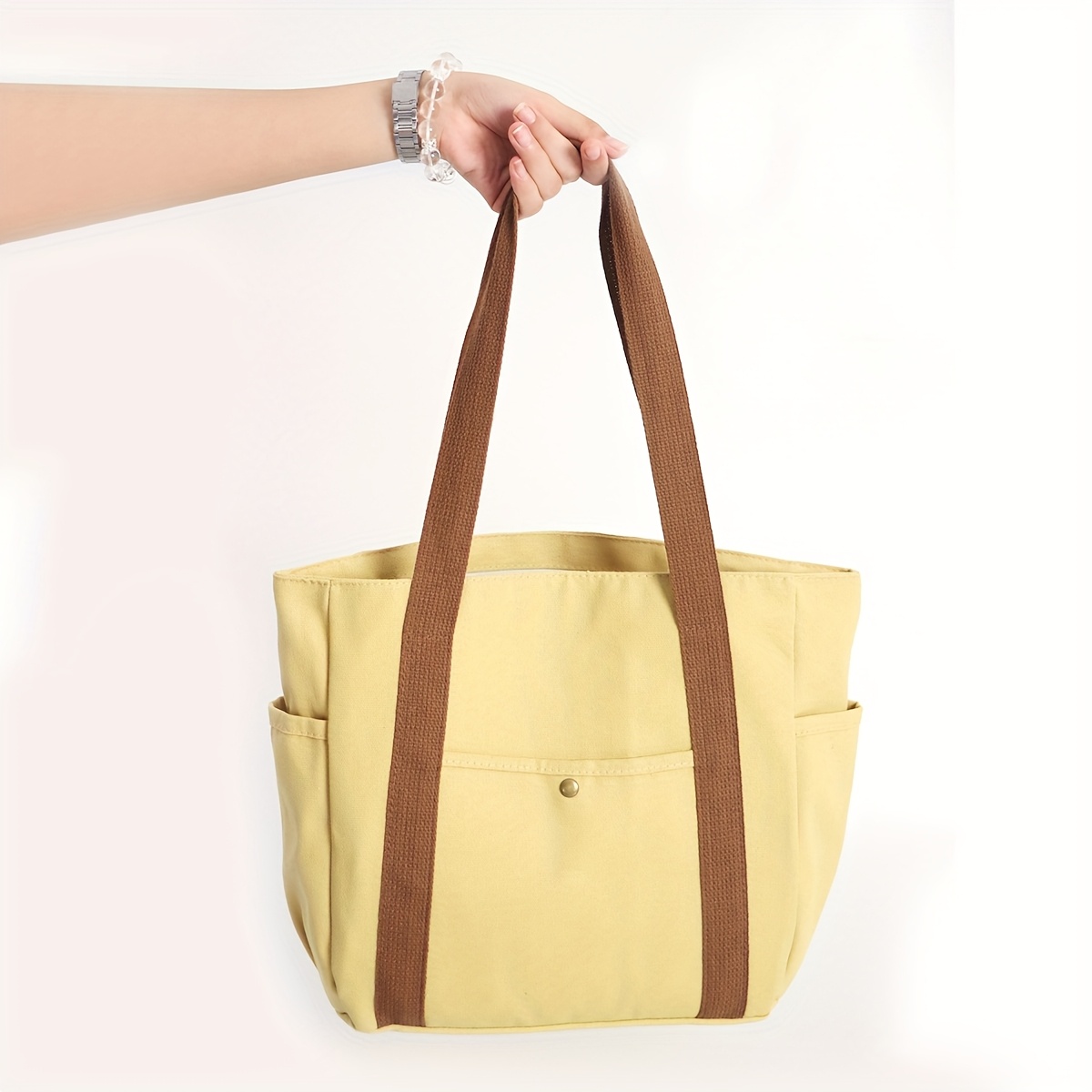 TEMU Chic Large Canvas Tote Bag For Women - Spacious Shoulder Handbag With Polyester Lining, Commuting & Casual Use, Durable & Stylish In