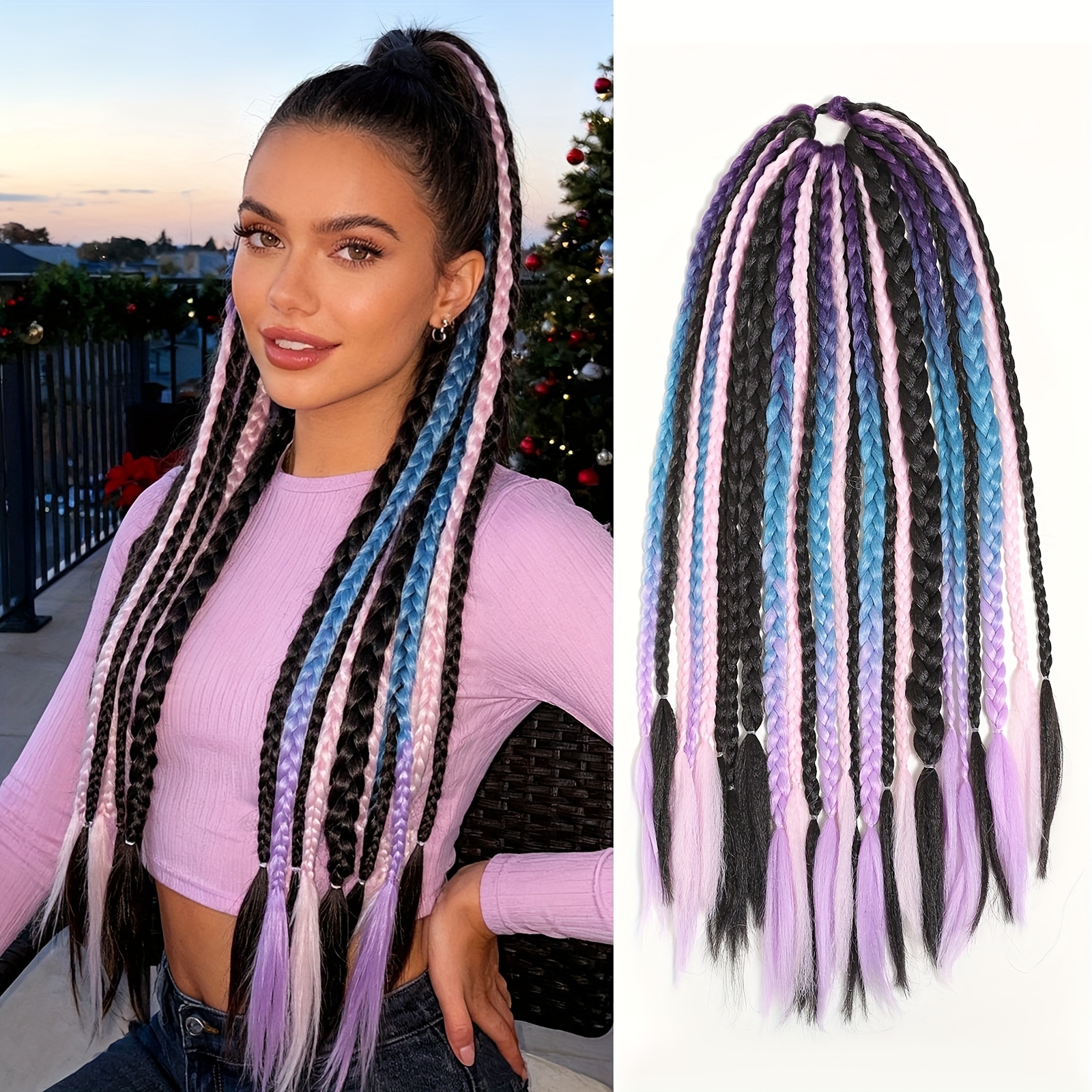 Image of 24-inch Gradient Braid Wig With Colorful Hair Extensions For Adults, 60cm Long Ponytail Hairpiece, Ideal For Braiding And Hair Additions