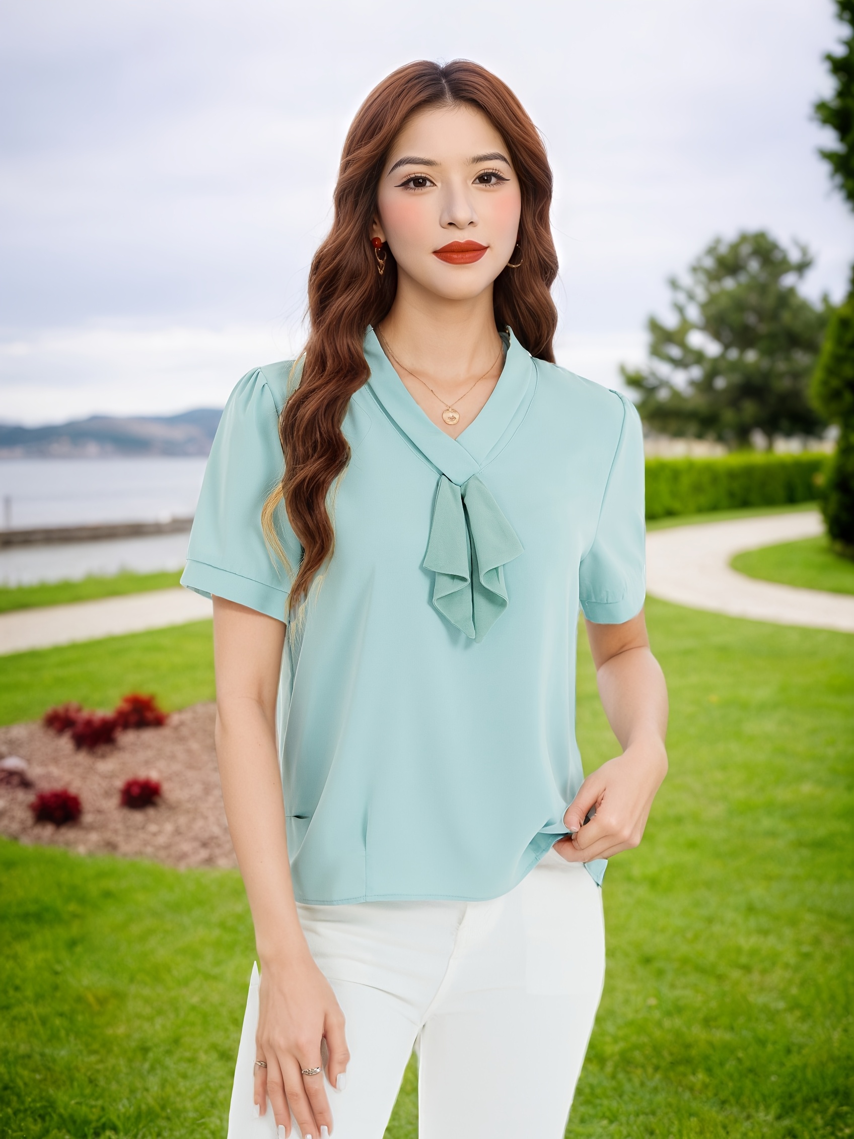 elegant women's chiffon blouse bow detail short sleeve Temu