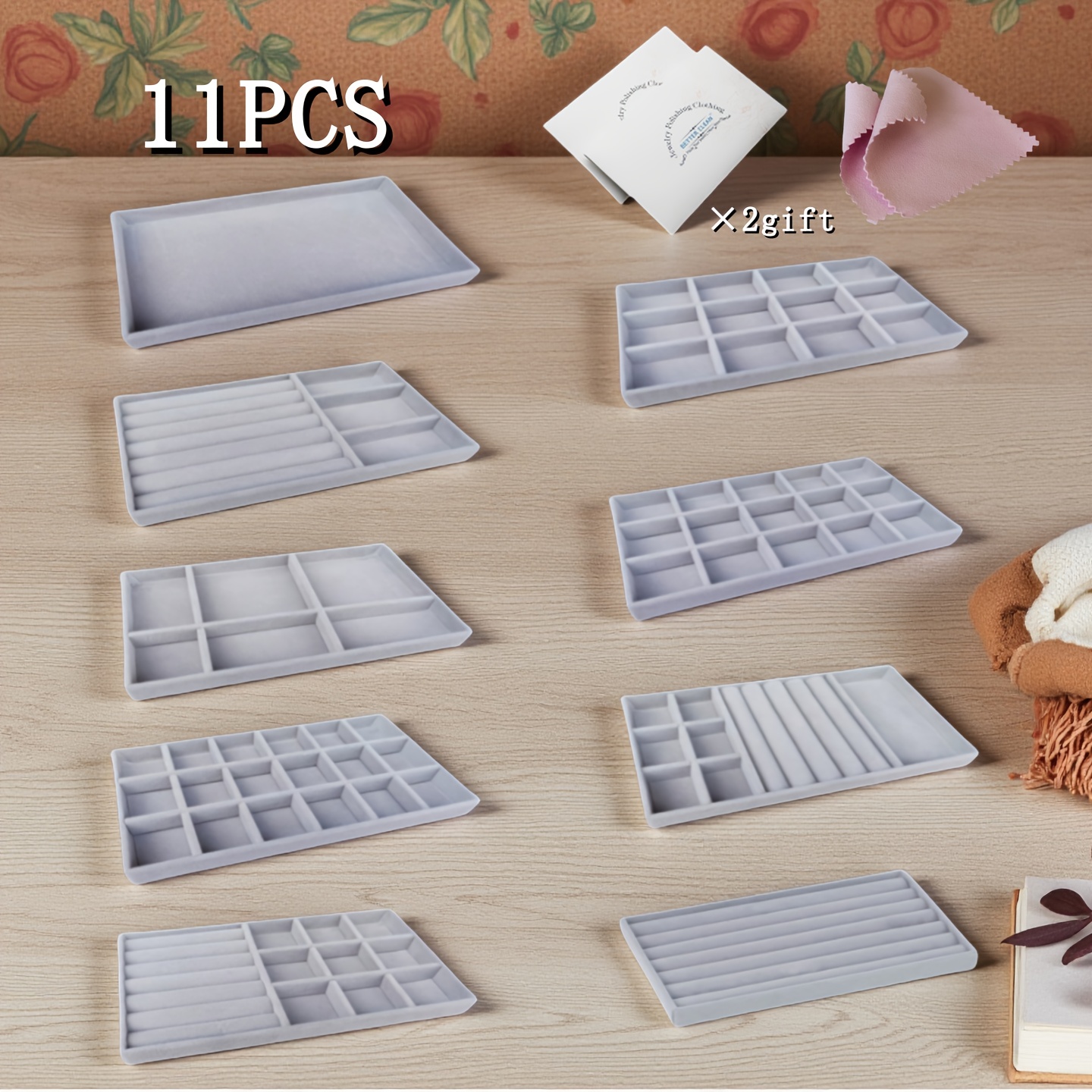 TEMU 11pcs (9 Jewelry Trays + 2 Jewelry Cleaning Cloths) Velvet Jewelry Tray Set, Stackable Jewelry Drawer, Jewelry Box, Jewelry Storage Box Display