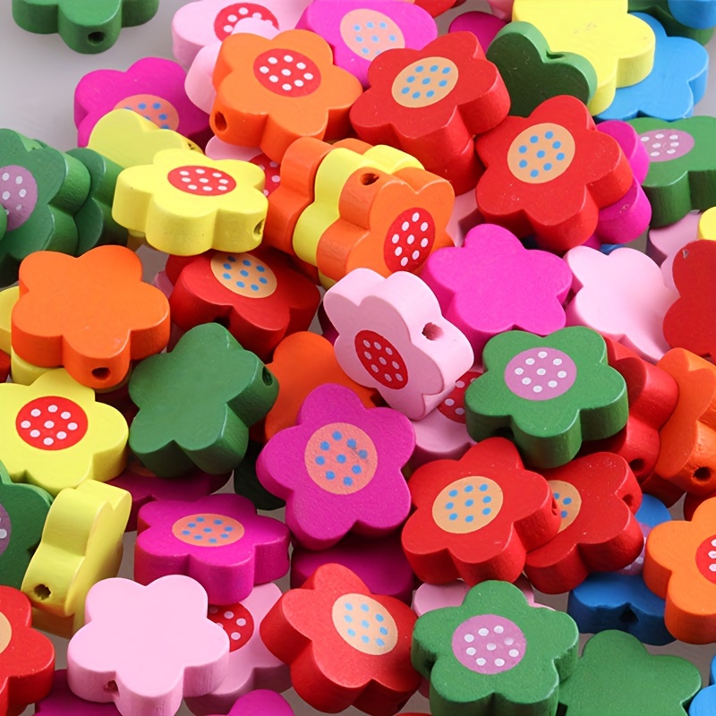 

30pcs Colorful Mixed Cartoon Floral Wooden Flower Shaped Loose Beads For Diy Beaded Decors Jewelry Making Accessories