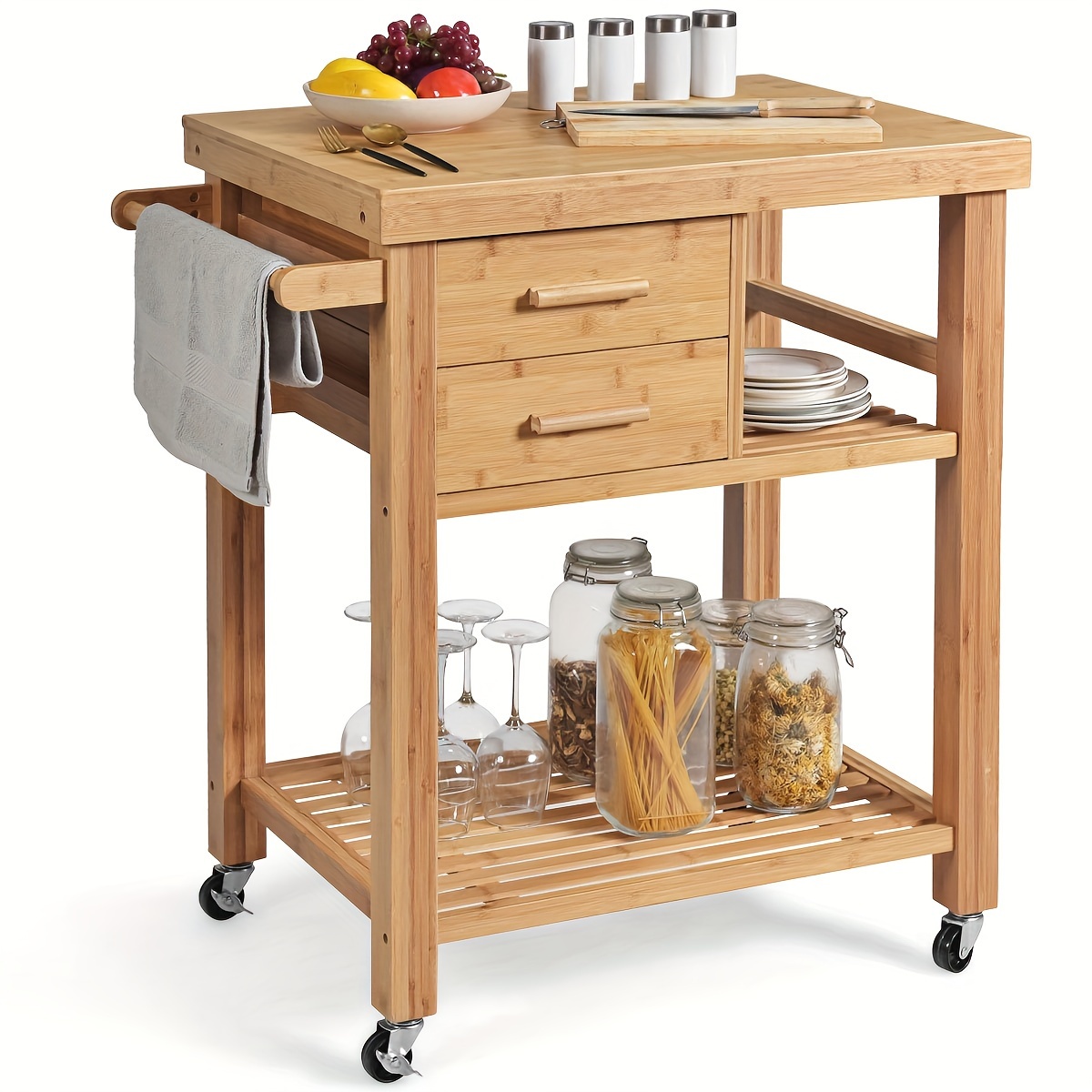 

1set Bamboo Rolling Kitchen Trolley Cart With Towel Rack And Drawers, Classic Style, Portable Wood Island On Wheels, Versatile Storage For Home And Dining, 32.5x19.7x35.5 Inches