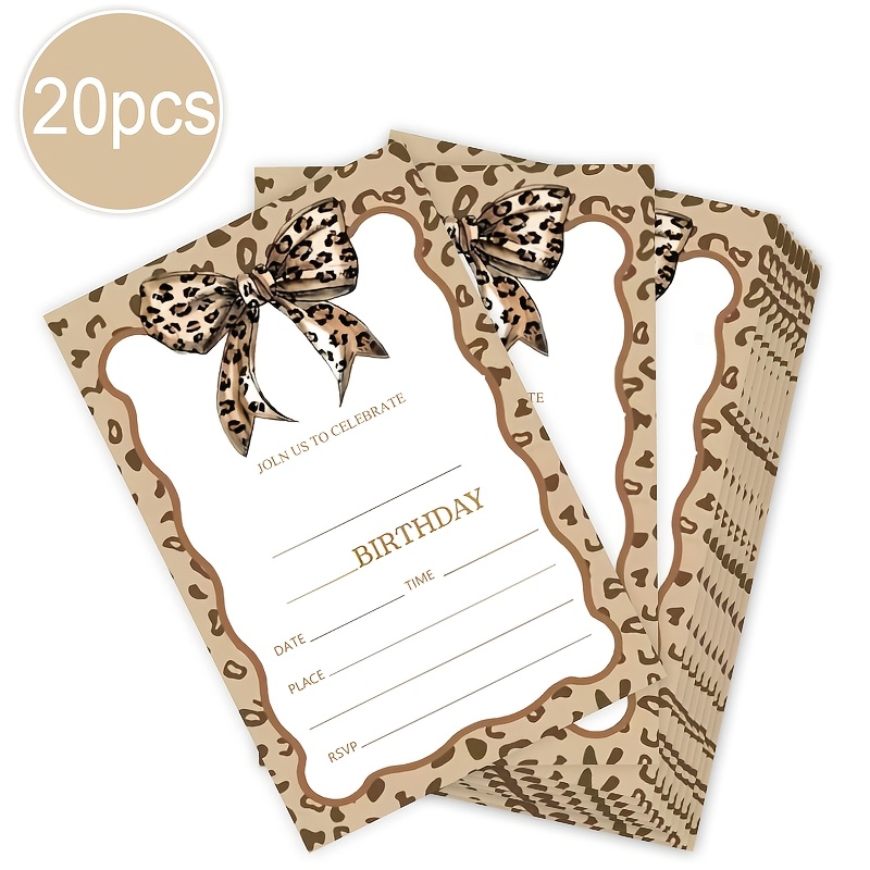 TEMU 20pcs Pack Print Birthday Invitations Suitable For &, Leopard Bow Party Cards With Patterns, Shower & Party Decorations, Blanket Order Refills