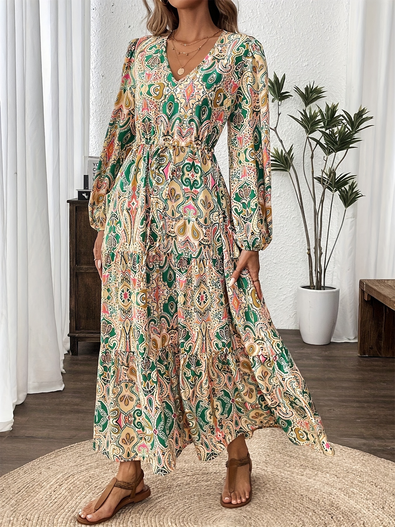 knee length dresses for ladies Paisley Lace Long Sleeve Maxi Dress - Sesame