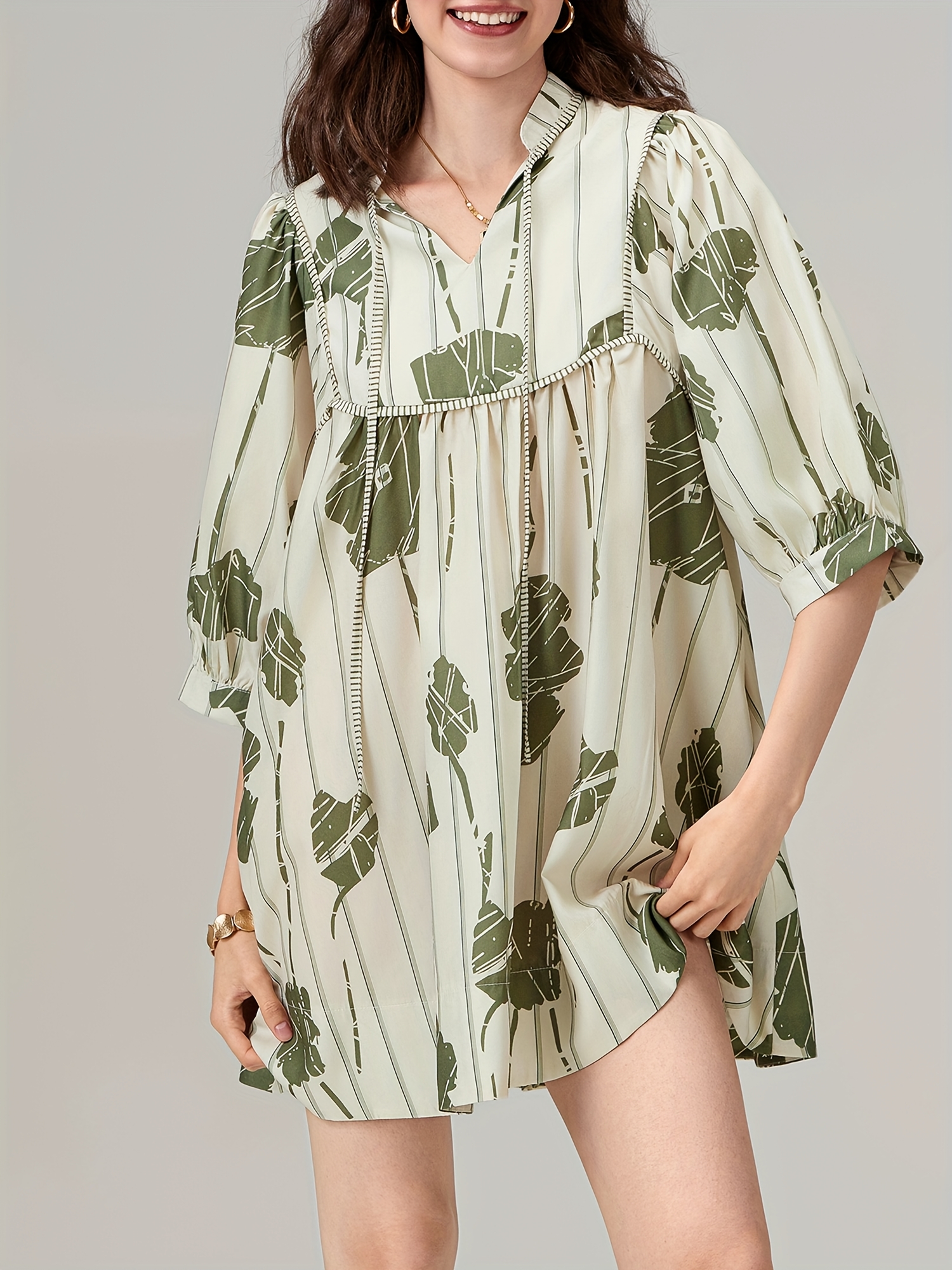 women maternity mini dress casual leaf print loose 3 4 - Temu