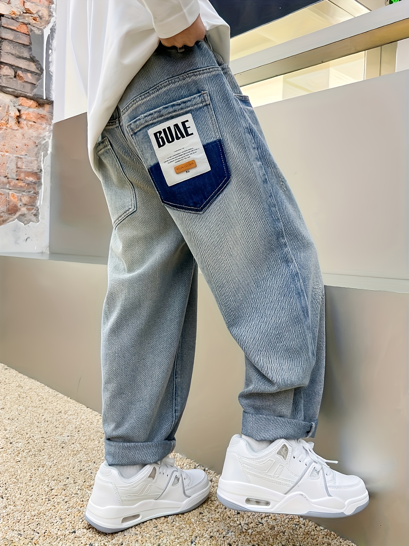 boys casual loose fit straight leg denim pants letter print Temu