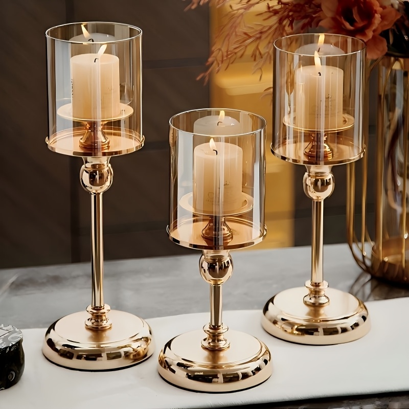Image of 3pcs Set Elegant Golden Metal And Glass Candlestick - Perfect For Romantic Dinners, Birthdays, Weddings, Home And Hotel Decoration | For Christmas, Halloween, Easter, Hanukkah, Thanksgiving