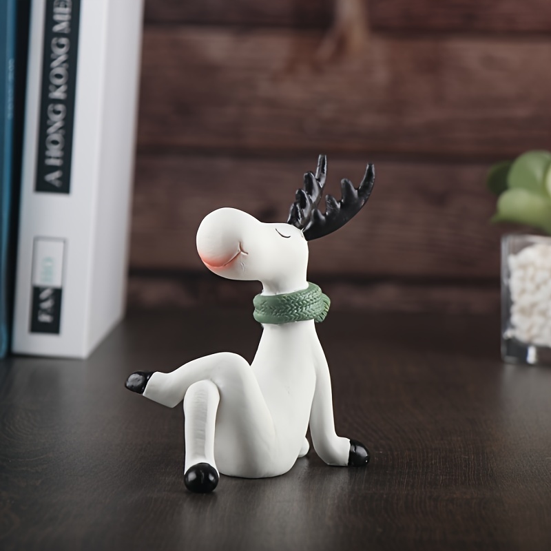 Image of [no Power Needed] Handcraft Resin Christmas Reindeer Statue With Green Knit Scarf – Festive Holiday Decor For Home, Office & Tv Stand | Seasonal Centerpiece, Christmas Decor