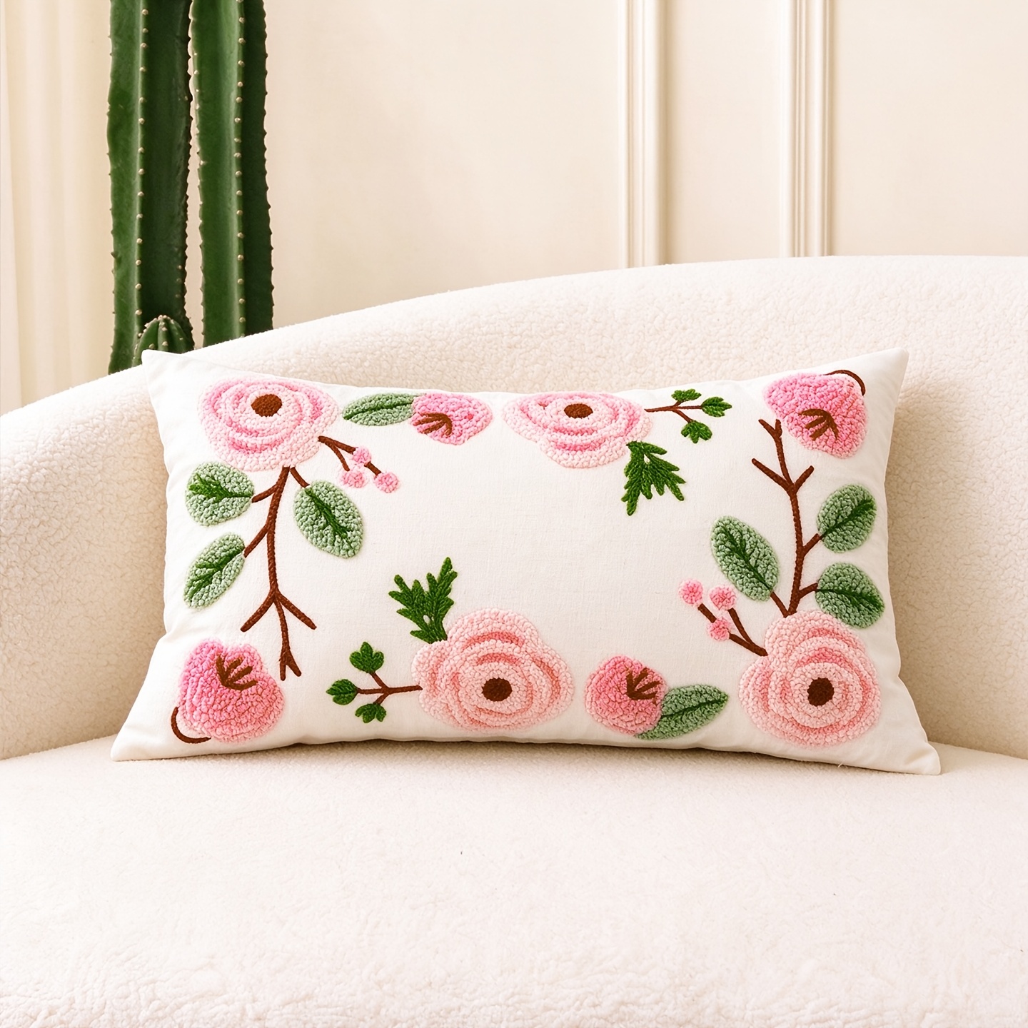 TEMU 1pc Elegant Embroidered Floral Throw Pillow Cover - Versatile For Any Room, Machine Washable, Zip Closure