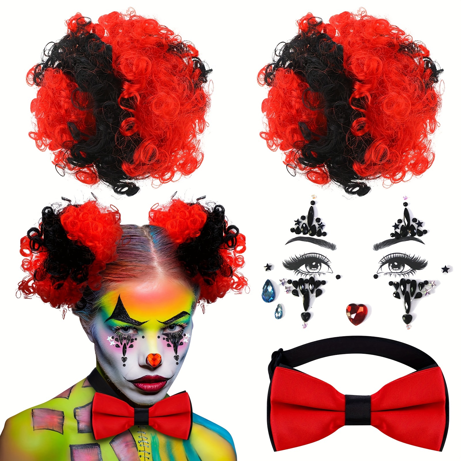 

4pcs Vintage Clown Costume Accessory Set For Women - Retro Jester Hair Puff Buns With Rhinestone Jewel And Red Bow Tie - Polyester Clown Themed