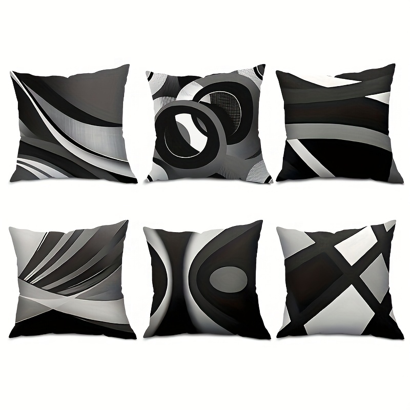 TEMU Ensemble de 6 taies d'oreiller géométriques abstraites , de couleurs noir, blanc et , housse de coussin de , taie d'oreiller décorative ,