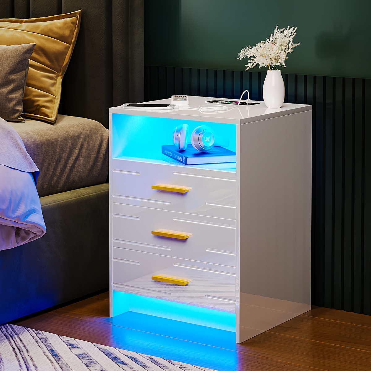 

Hnebc Rgb Led Nightstand With Wireless Charging Station, Smart Night Stand With Motion Sensor Lights, High Gloss White Nightstand With 3 Drawers For Bedroom, Modern Bedside Tables