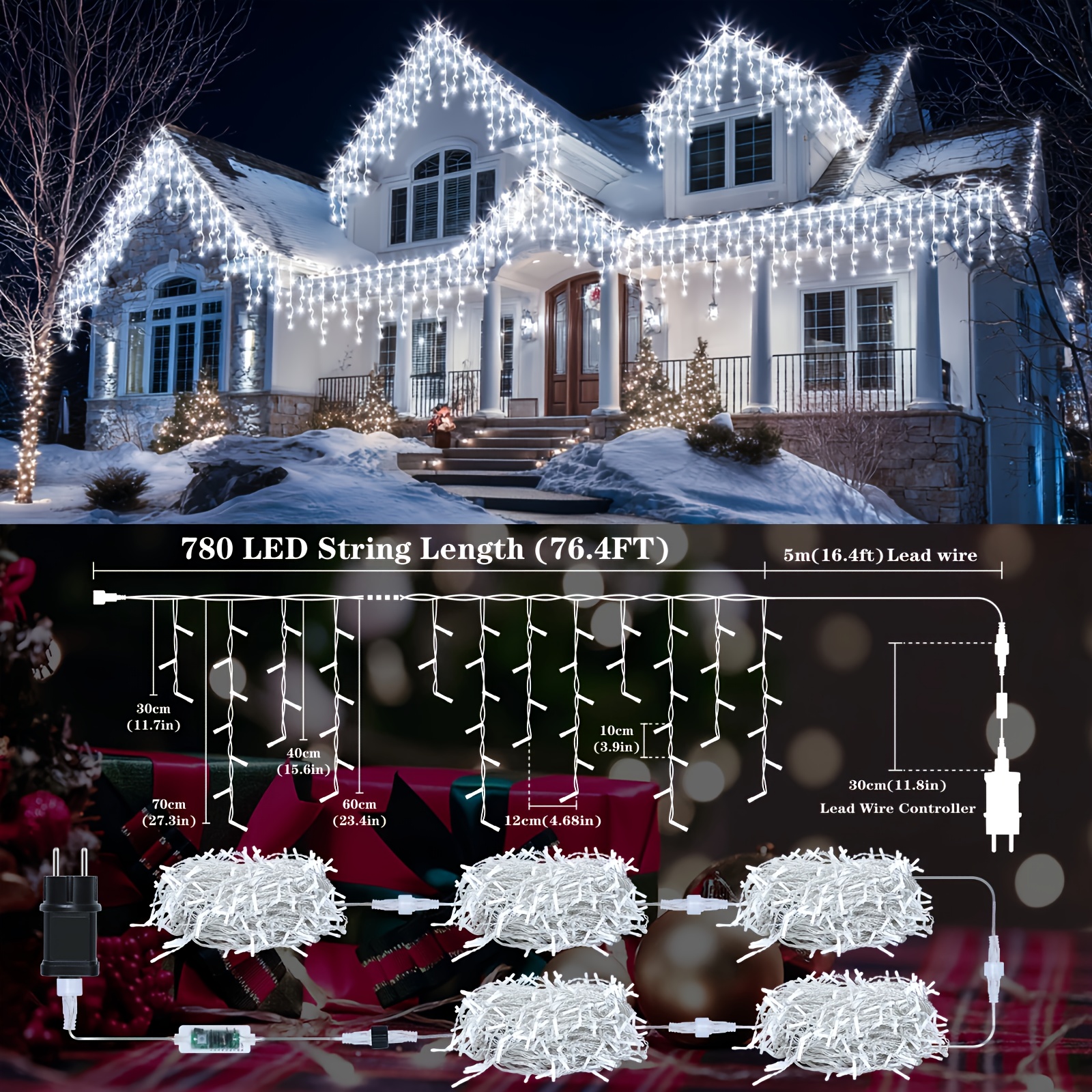 TEMU Guirlande Lumineuse Carrés de Glace d'Extérieur 76,4ft 780LED, Guirlande Lumineuse de Noël d'Extérieur à Brancher, 8 , Minuterie, Télécommande,