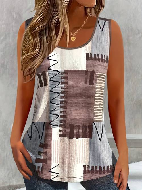 womens summer sleeveless tank block geometric print round neck casual shirt breathable fabric with washable for casual attire ladies tank tops nontransparent material