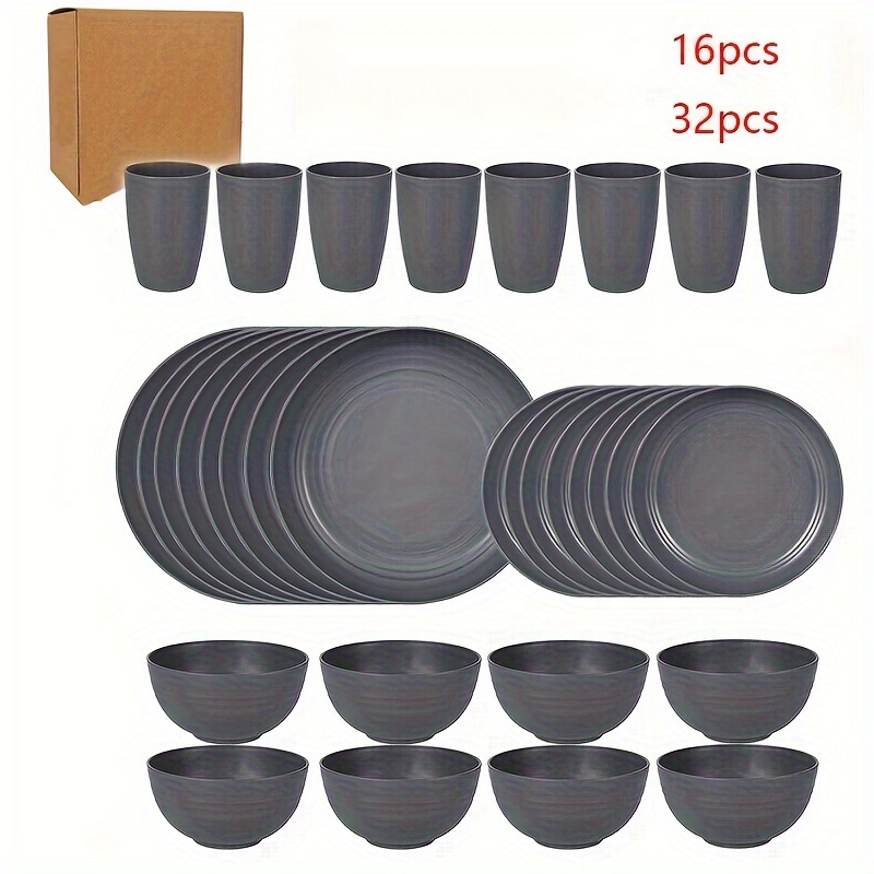 

16pcs-32pcs Solid Grey Plastic Dinnerware Set For 4-8 People, Round Novelty Patterned Durable Tableware With Plates, Bowls, Cups, Serving Dishes, Ideal For Everyday Use And Entertaining