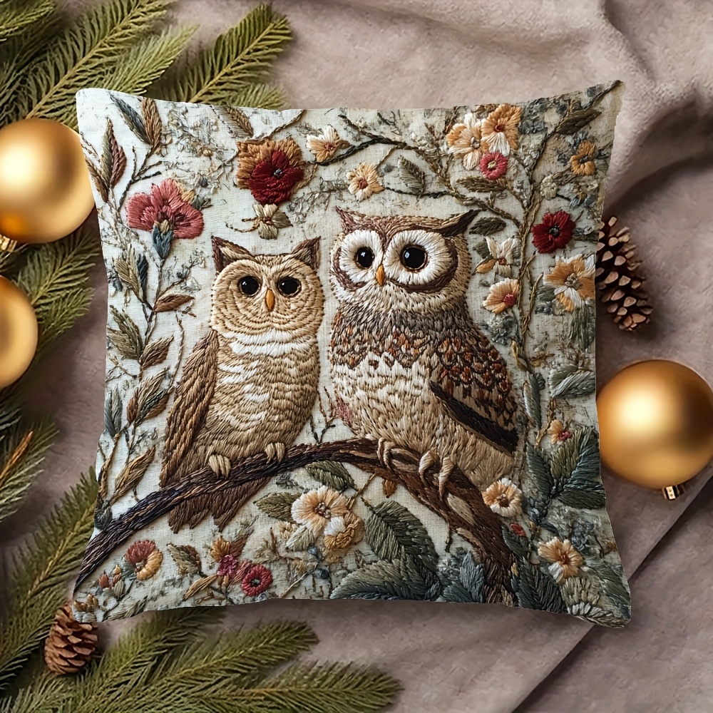 

1pc Bohemian Owl & Pussicats Double-sided Printed Short Plush Pillow Cover - , Zip Closure, Machine Washable Polyester, Ideal For Living Room & Bedroom Decor (no Insert)