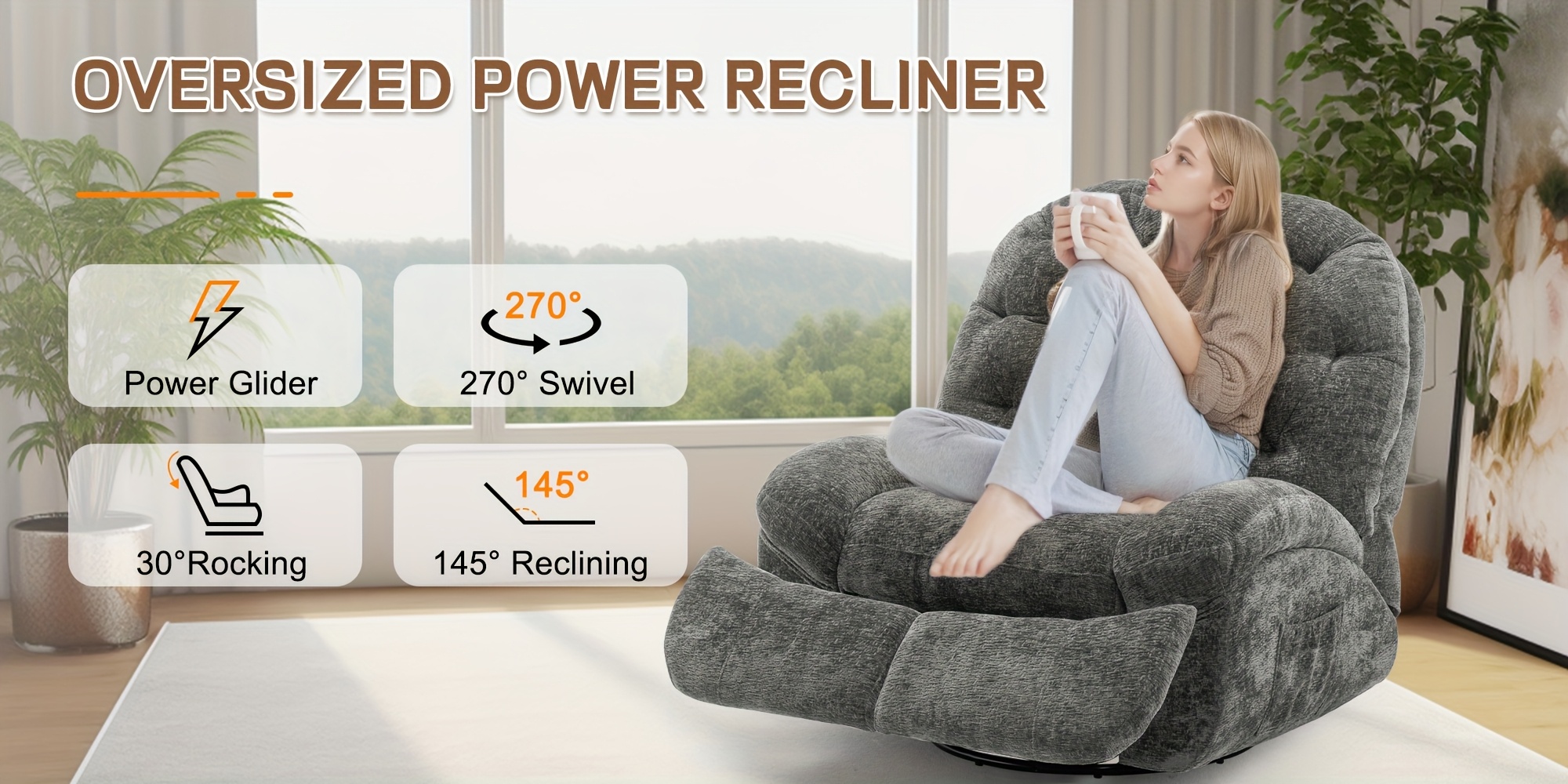 Large Swivel Recliner, Adult Rocking Electric Recliner, Electric Recliner, Comfortable Soft-shell Recliner, with USB Port And Living Room Storage Space, Chenille Fabric, Free Shipping