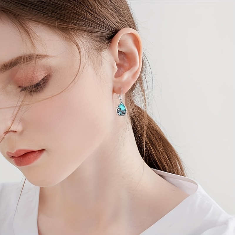 Image of 1 Pair Women's Dangle Earrings, S925 Silver Sunflower Design With Turquoise Inlay, Drop Style, Hypoallergenic, 3.5g, Vintage & Rustic Style, , 925 Silver, Ideal For &, Accessory