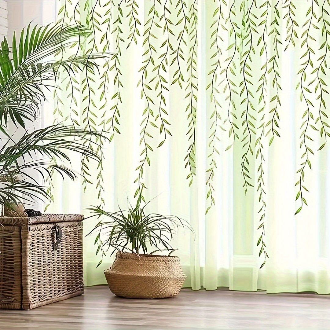 

2pcs Green Willow Leaf Curtain Window Screen, Breathable Light Filtering Window Screen, Pastoral Rustic Style, Pastoral Style For Balcony Living Room, Home Decor