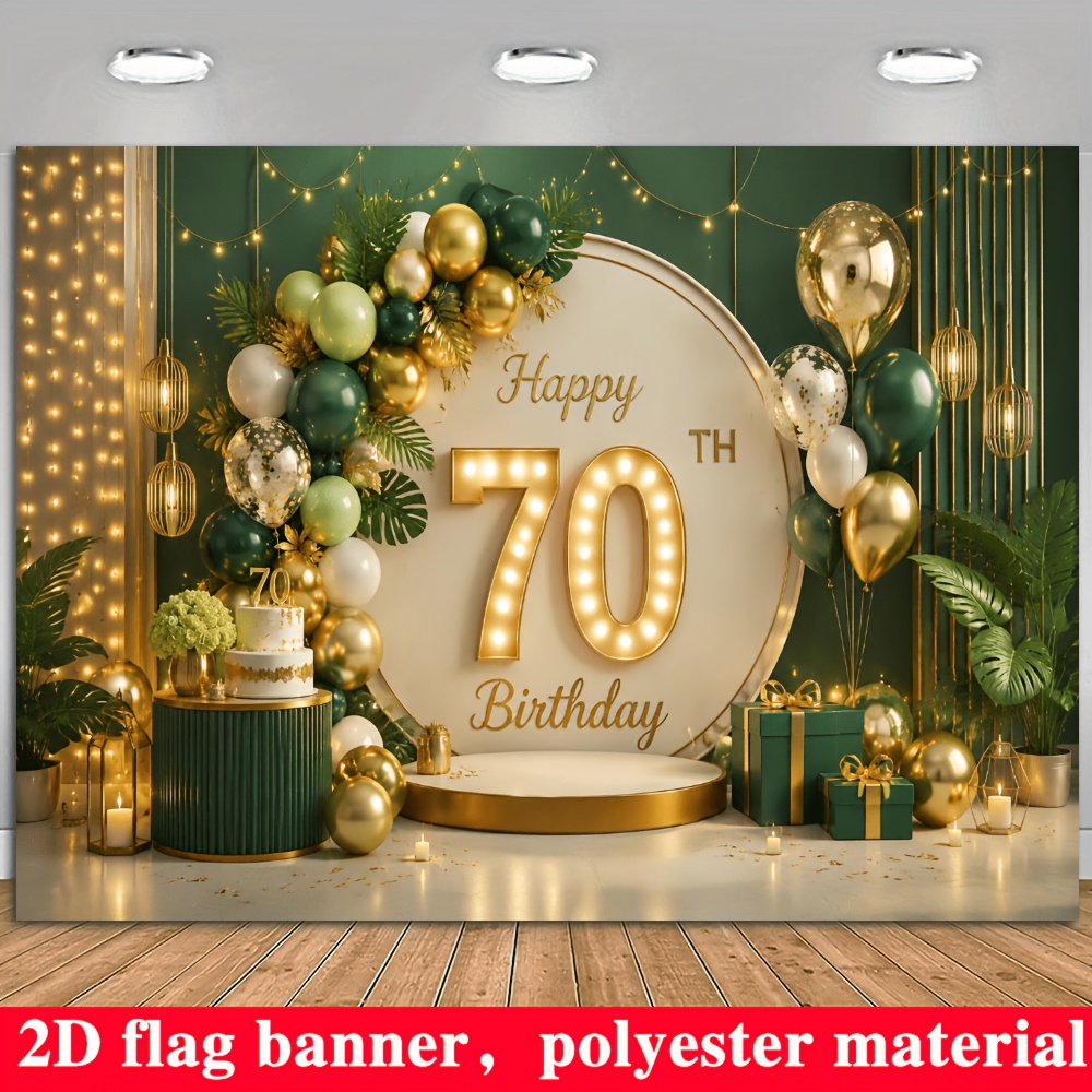 TEMU 2d Flat Flag, 2d Flat - 1pc 2d Flag 70th Happy Birthday Themed Banner Background, Dark Green With , Featuring Balloon, Green Plant, And Gift Box