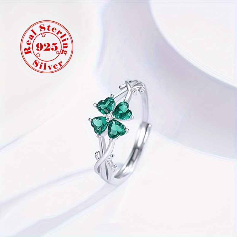 

S925 Sterling Silver Women's Trendy Statement Ring St. Patrick's Day Four-leaf Clover Opening Adjustable Ring Cubic Zirconia Decor Festival Jewelry Gift 2.05g/0.07oz