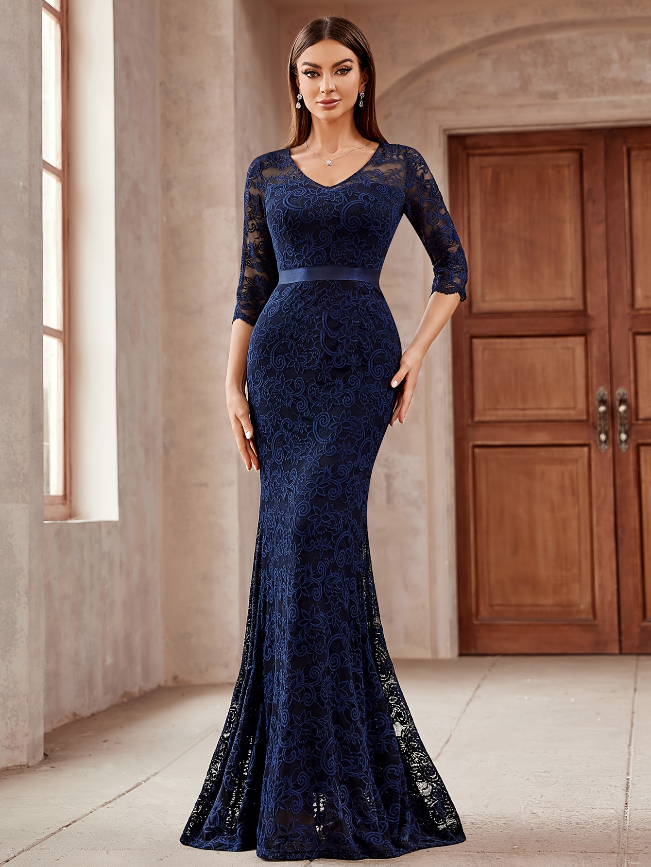 chinese dress ladies Niamh Modest Square Short Sleeves Slit Long Floral Lace Bridesmaid Dresses, Dusty Rose main image 0