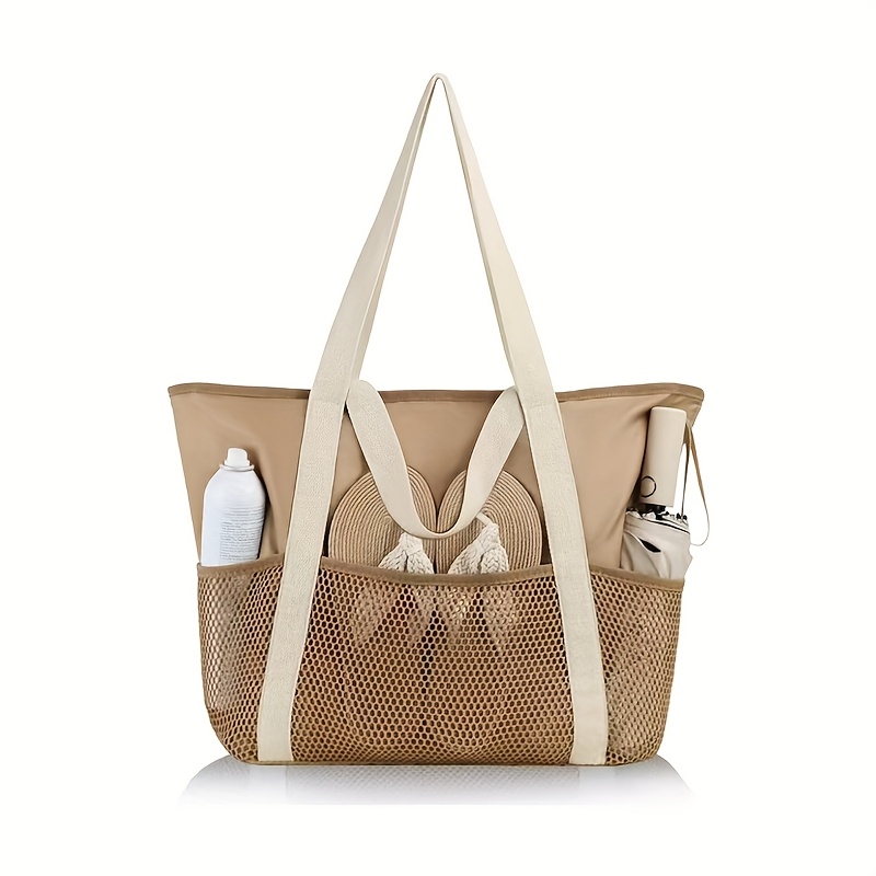 Large Capacity Women's Mesh Beach Tote Bag - Lightweight, Foldable, Nylon Shoulder Bag With Zipper Closure & Multiple Pockets For Travel, Swimming, And Outdoor Activities (khaki/beige), Beach Bag