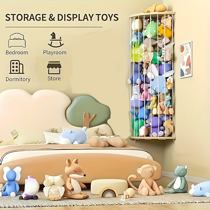 Adjustable Wooden Toy Storage Hammock, Wall Mounted Organizer for Stuffed Animals