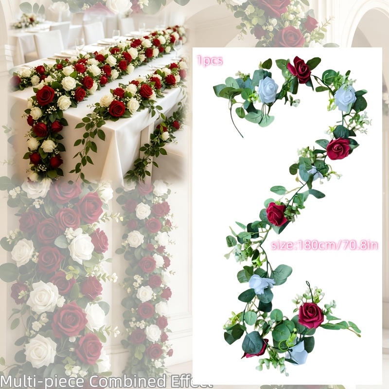 TEMU 13pcs Red And White Rose Eucalyptus Combination High-end Artificial Flower (1pc), New Year Decoration For Outdoor Courtyards, Decor, Party And
