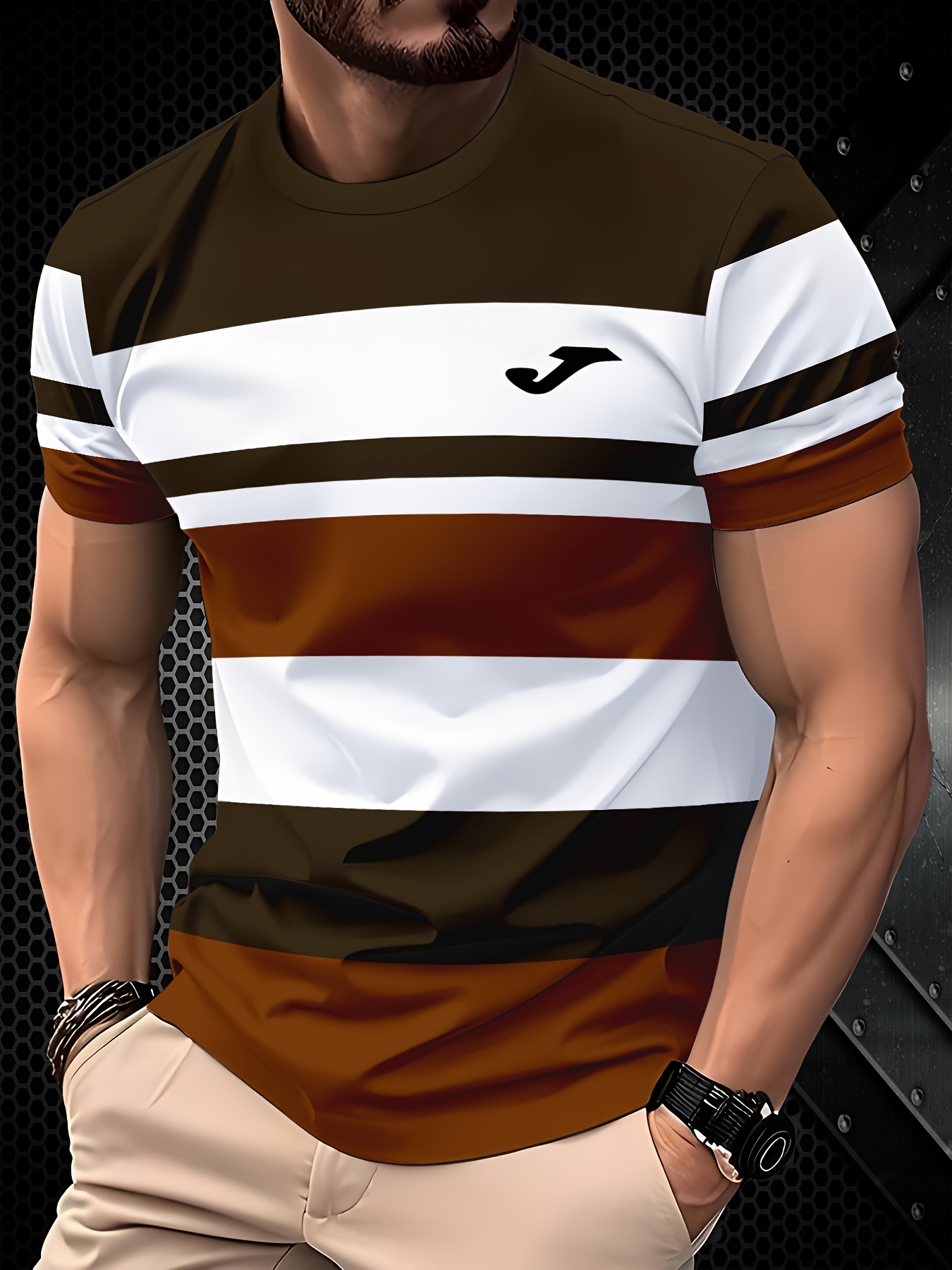 Men's fashion casual T-shirt - 100% polyester fiber, round neck short sleeves, machine washable, comfortable for all seasons, daily wear | Round neck T-shirt | Smooth texture fabric