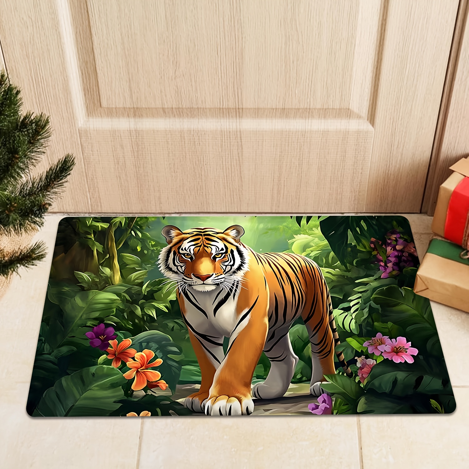TEMU 1pc Tiger-themed Rug Suitable For Doorway - Soft Print, Machine-washable Mat Suitable For Living Room, Bedroom, Room - Wildlife Decorative Mat