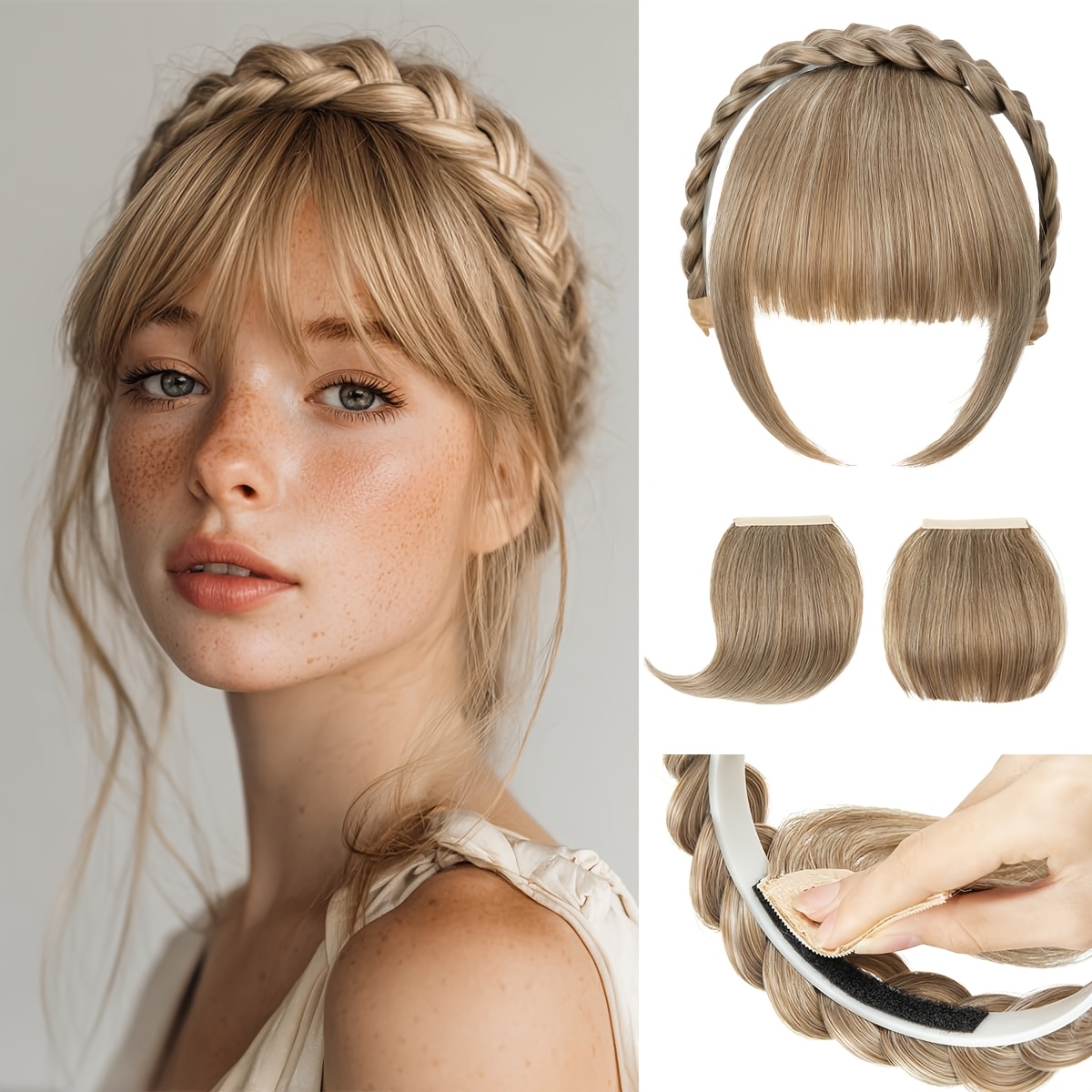 Brown Braided Hairband Featuring Removable Bangs - A Versatile 3-in-1 Wig Accessory For Women