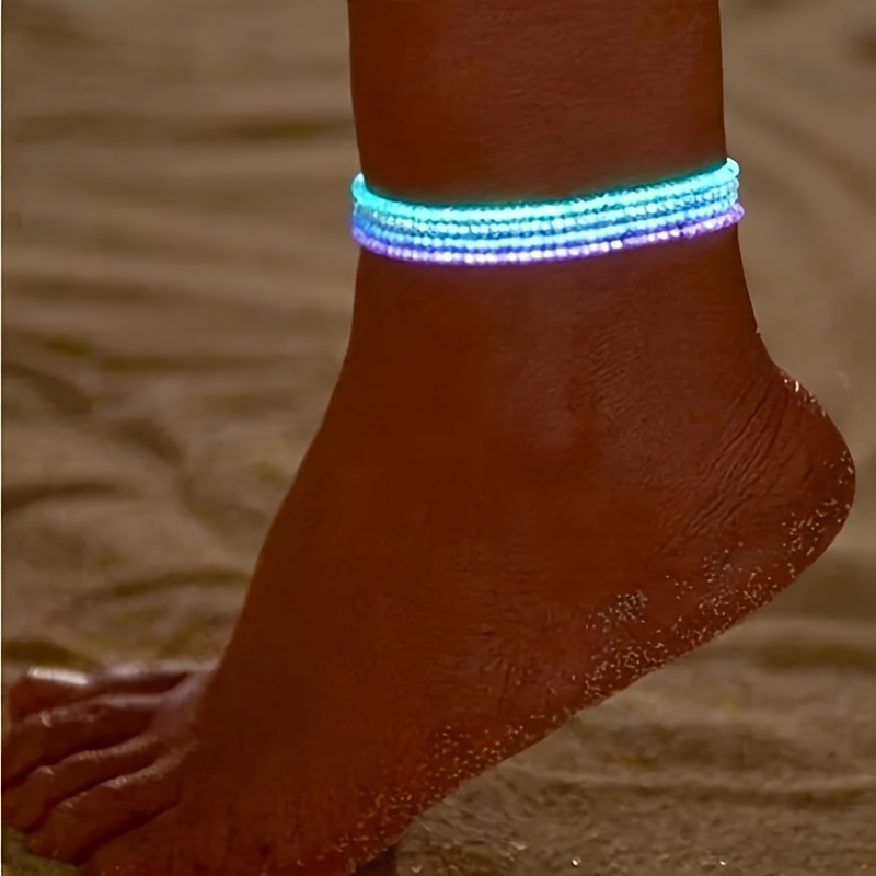 

4pcs Luminous Rice Beads Beaded Anklet Set Creative Elastic Ankle Bracelet Set Boho Style