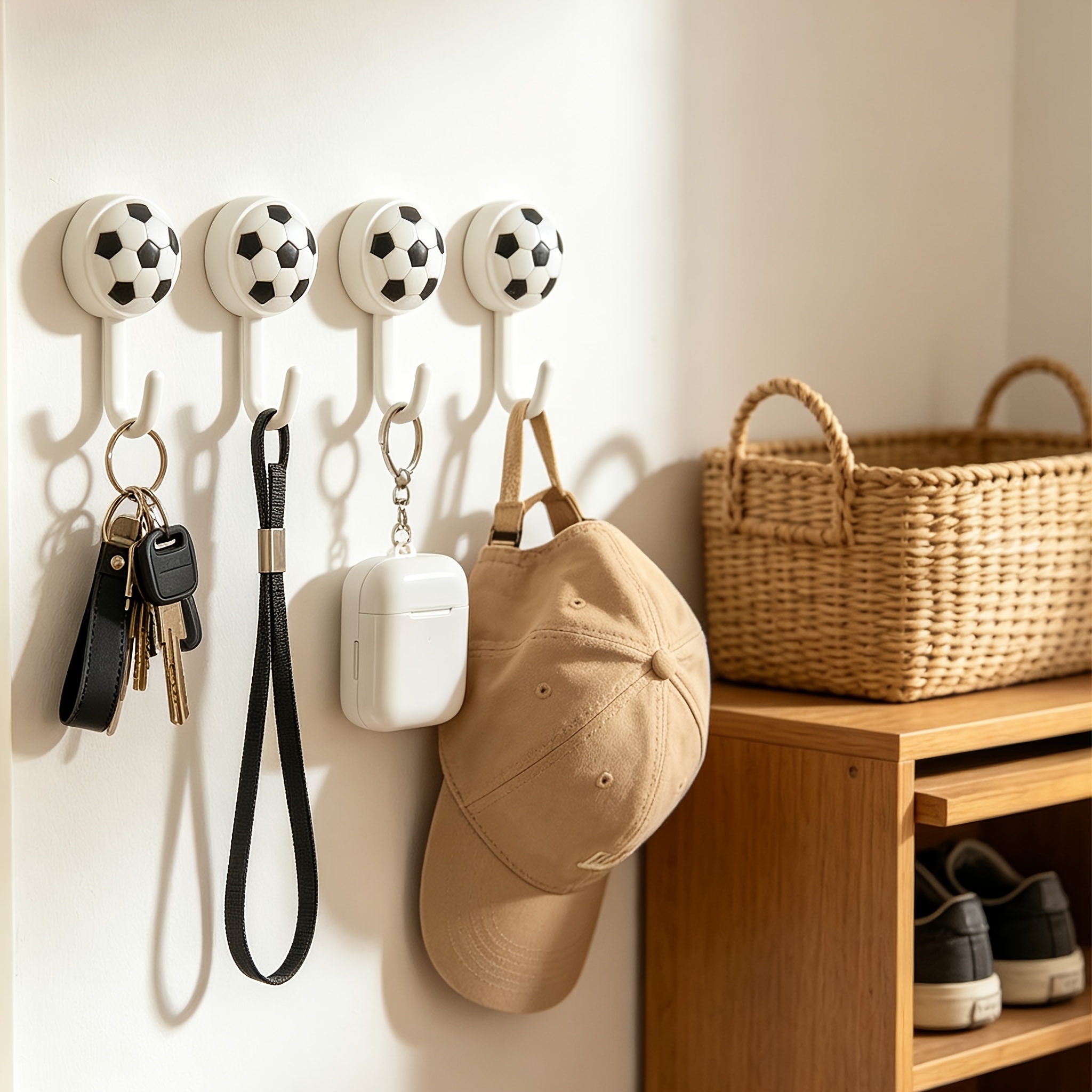 TEMU 4pcs Set Of Soccer-shaped Hooks, Creative No-drill Trace-free Spherical Key Hooks, Storage Decor For Living Room, Bedroom, Sports-themed Rooms,