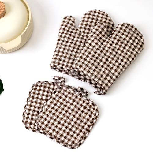 coffee grid baking oven gloves and insulation pad double sided quilted washable heat resistant gloves for daily use cooking insulation gloves insulation pad gift baking set 2pcs 4pcs