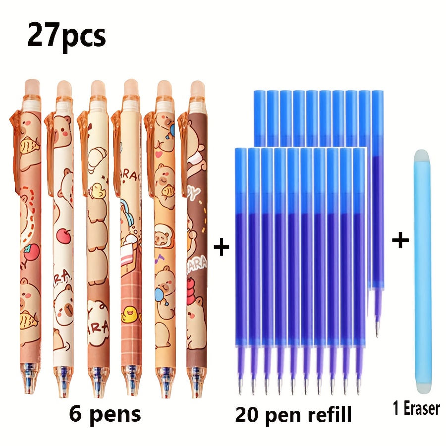 Image of 27pcs Set - Capybara-themed Erasable Gel Pens, Blue Ink, Retractable Design, Smooth Writing, Quick-drying Office Accessories, Elegant Stationery Pens. 6 Pens + 20 Refills + 1 Eraser