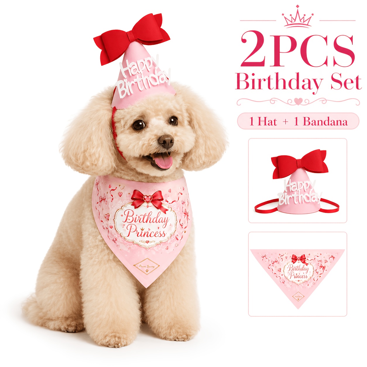 TEMU Paws 2pcs Dog Birthday Additions Set, Pet Birthday Hat And Bandana, Cute Dog Apparel Costume Additions For Small Medium Large Dogs