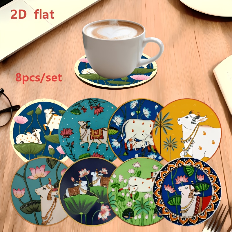 TEMU 8pcs Pichwai Cow & For Lotus Wooden Coasters - Non-slip Heat-resistant Suitable For Hot Drinks, Wood Hindu Table Protectors With Pichwai Cow &