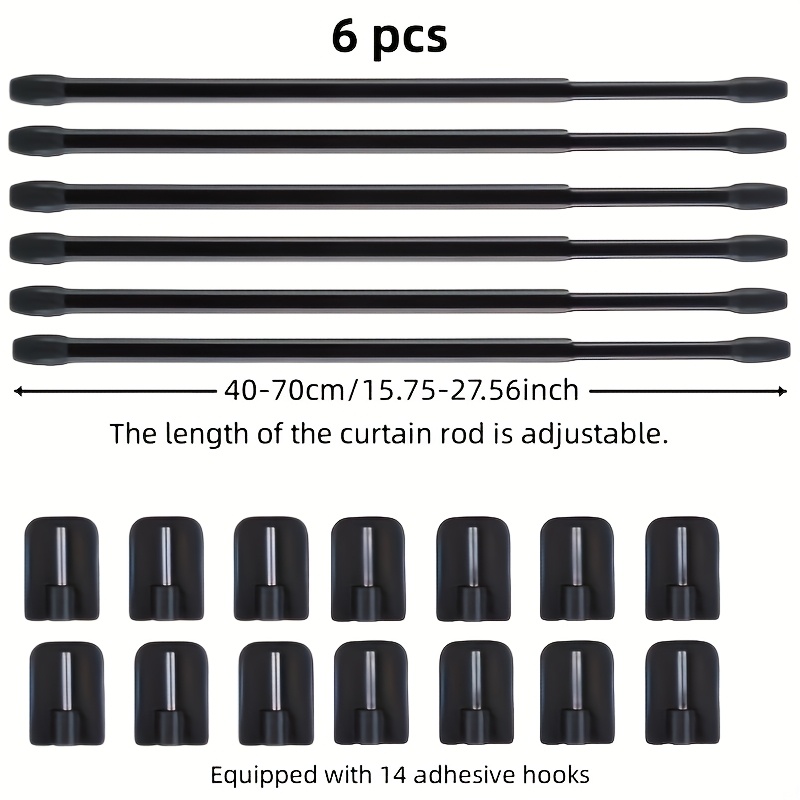 6 X Extendable Curtain Rod, White/black, No Drilling, Adjustable Curtain Rod For Pvc Window For Adhesive Curtain Rod (6pcs-40-70cm)