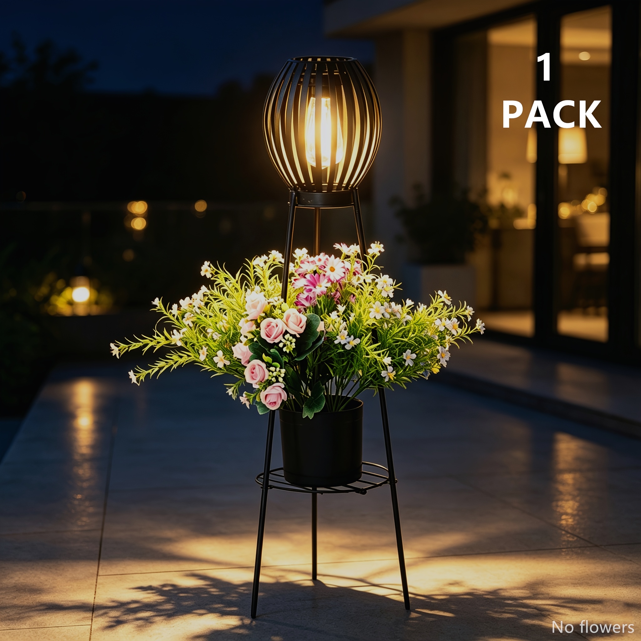 TEMU 1er Pack Solar-Stativ-Garten-Bodenleuchte, IP44 Metall-Laternen-Dekoleuchte mit Pflanzenregal, Außendekoration für Veranda, Terrasse, Hof,