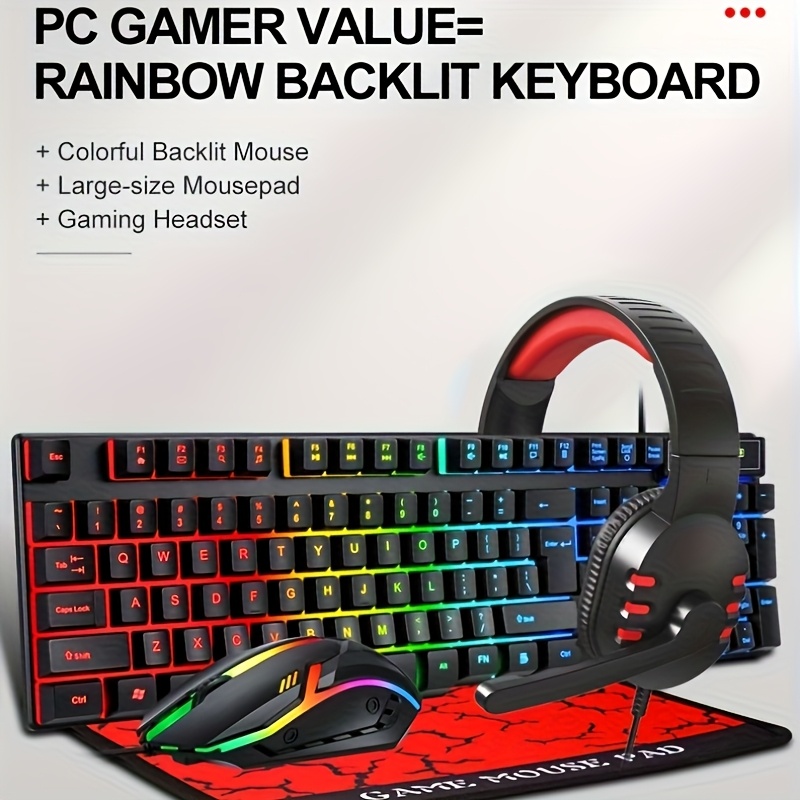 T-WOLF TF800 Four-piece Gaming Combo 104 Keys Keyboard 4-color Breathing Light Mouse 3.5mm Gaming Headset Anti-slip Mouse Pad